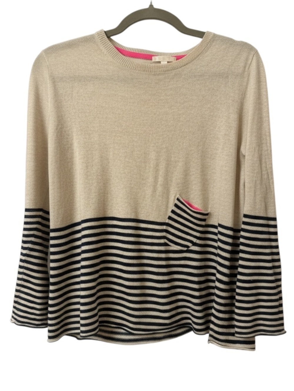 New Lisa Todd Tan & Navy Striped Sweater with Neon Pink S Cotton Linen MSRP $185